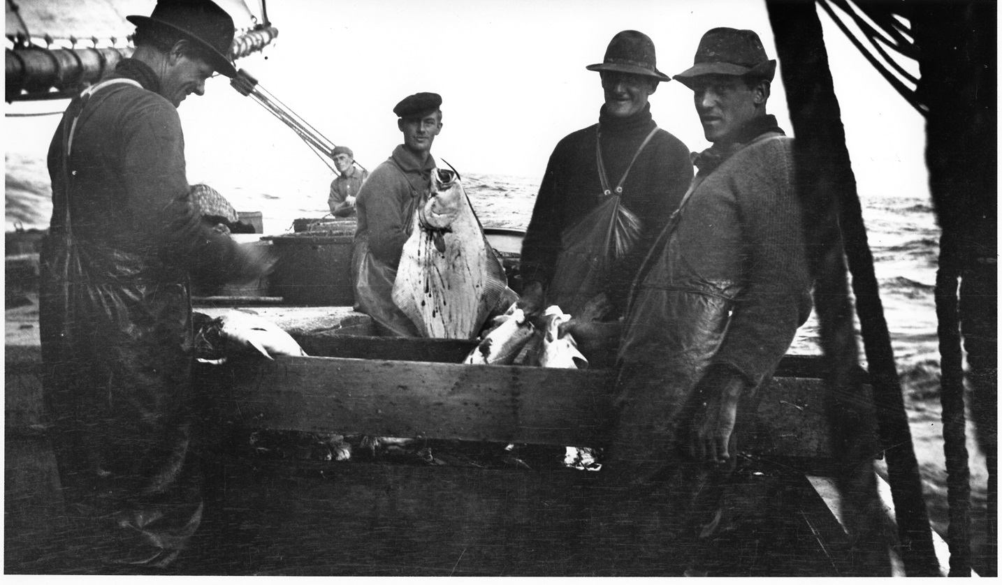 Dressing Fish Black-and-white photo of four fishermen in hats and work aprons standing around a wooden pen on deck. One holds up a large, flat halibut, and the others smile at the camera.