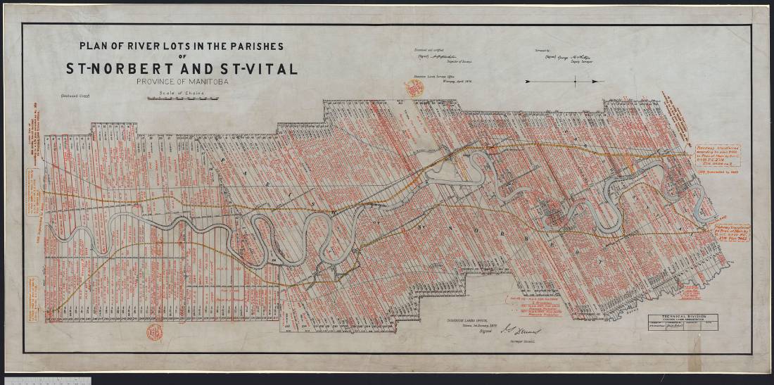 River Lot Survey Map along the Red River in St. Norbert and St. Vital, Manitoba