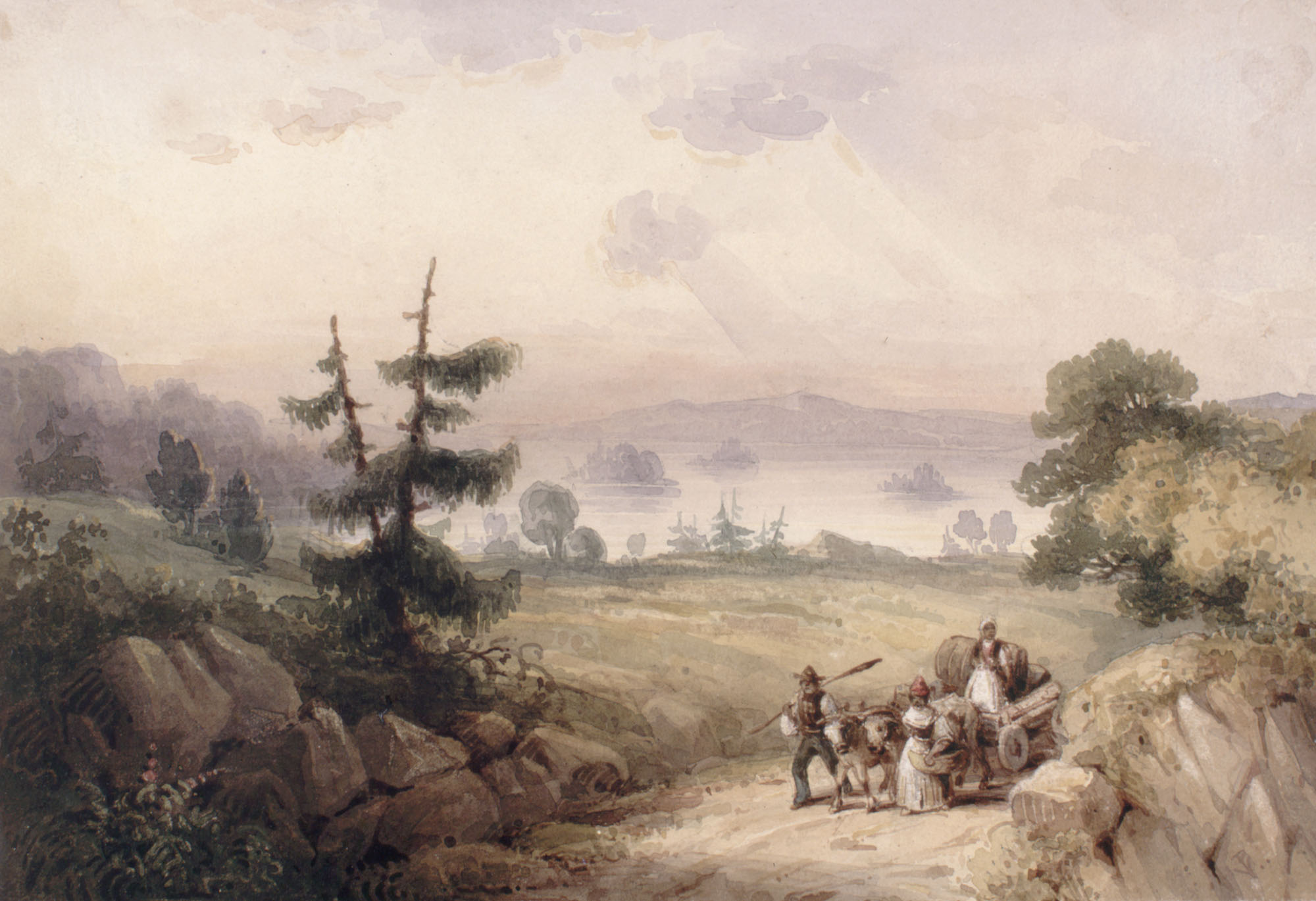 Une famille noire avec une charrette sur un chemin de terre à la campagne.