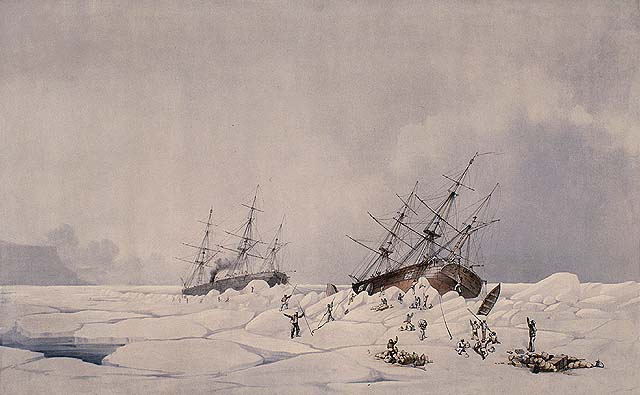 <p>HMS <em>Phoenix</em> and <em>Breadalbane</em></p> Colour illustration of two ships in the arctic ice.