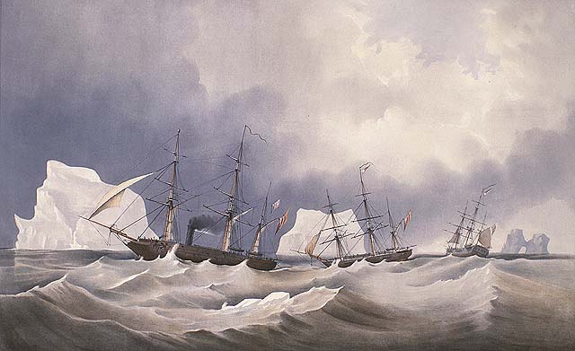 <p>HMS <em>Phoenix</em>, <em>Diligence</em> and <em>Breadalbane</em></p> Colour illustration of three ships sailing near icebergs.