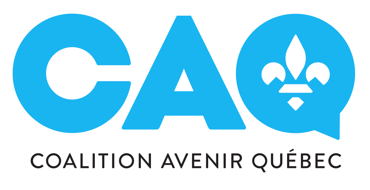 Coalition Avenir Québec (CAQ) The letters CAQ in light blue. There is a fleur de lys in the middle of the letter Q. Below is written COALITION AVENIR QUÉBEC.