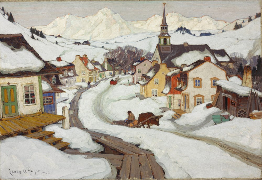 Oil painting of a village showing houses and an ox pulling a load.