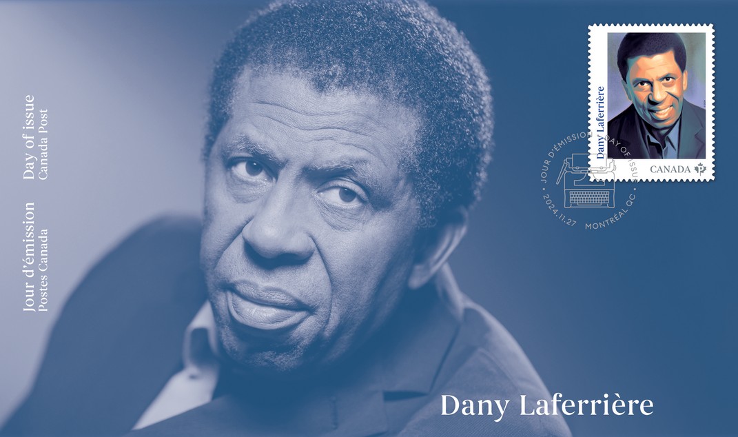 A portrait of Dany Laferrière in blue with a stamp in his image in the upper right corner.
