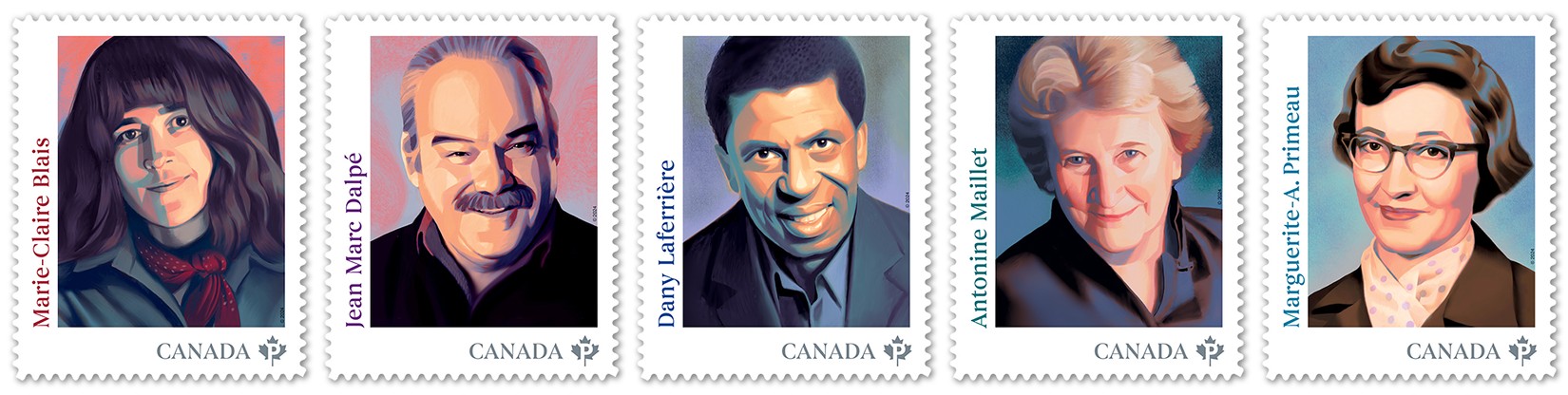 Timbres de Postes Canada dédiés à cinq icônes de la littérature canadienne de langue française Cinq timbres avec des portraits d'auteurs et d'autrices.