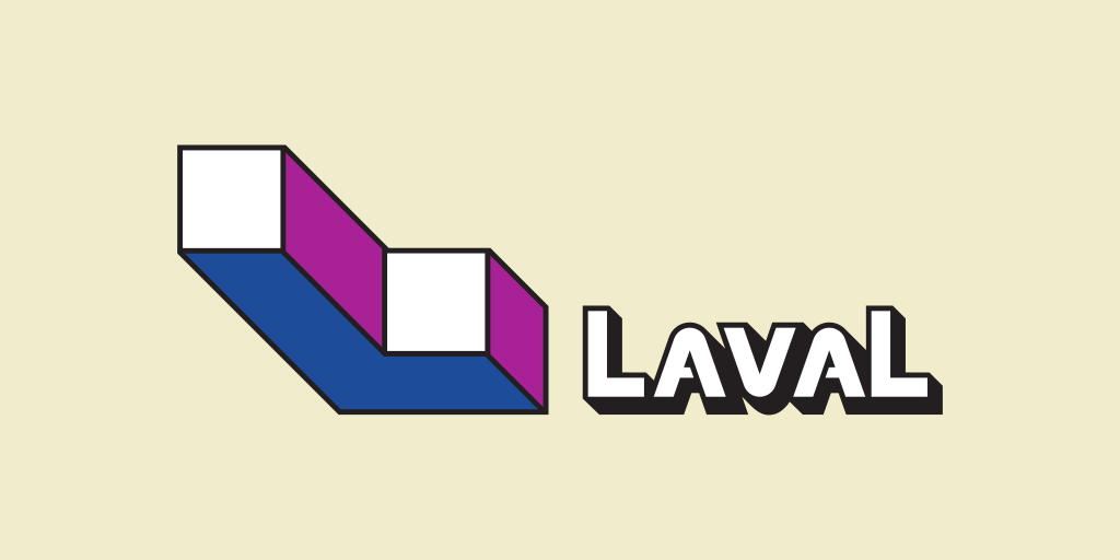 Drapeau de Laval Une forme géométrique accompagnée du mot Laval sur fond beige.