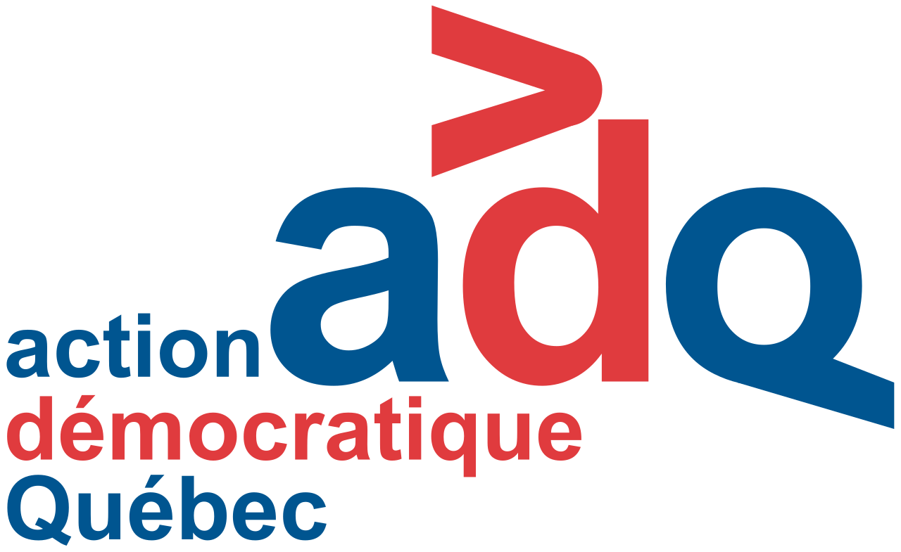 Logo of the Action démocratique du Québec ADQ logo with the letters “a” and “q” in blue and the letter “d” in red, topped by a red arrow pointing to the right. Bottom left: “action” (in blue), “democratic” (in red), and “Quebec” (in blue).