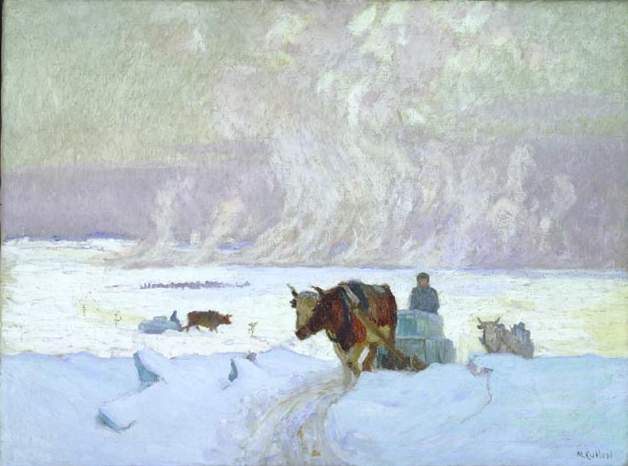 Oil painting showing oxen hauling ice.