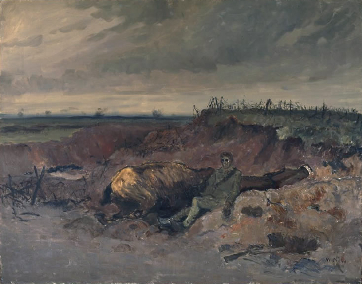 Dead Horse and Rider in a Trench (1918) Oil painting showing a First World War scene.
