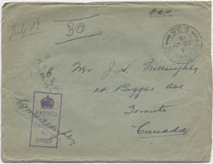 Charles Willoughby wrote often to his family while he was overseas. This envelope was from a July 19, 1918 letter to his father. He was the censor for his unit so was very careful in his own letters with what he told his family.