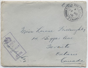 Envelope from a letter from Charles Willoughby to his sister Louise date November 16, 1918. Like his other letters, the envelope bears his signature as the unit's censor.