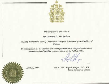 Lettre d'éloge du Premier Ministre Stephen Harper pour avoir reçu la Légion d'Honneur.