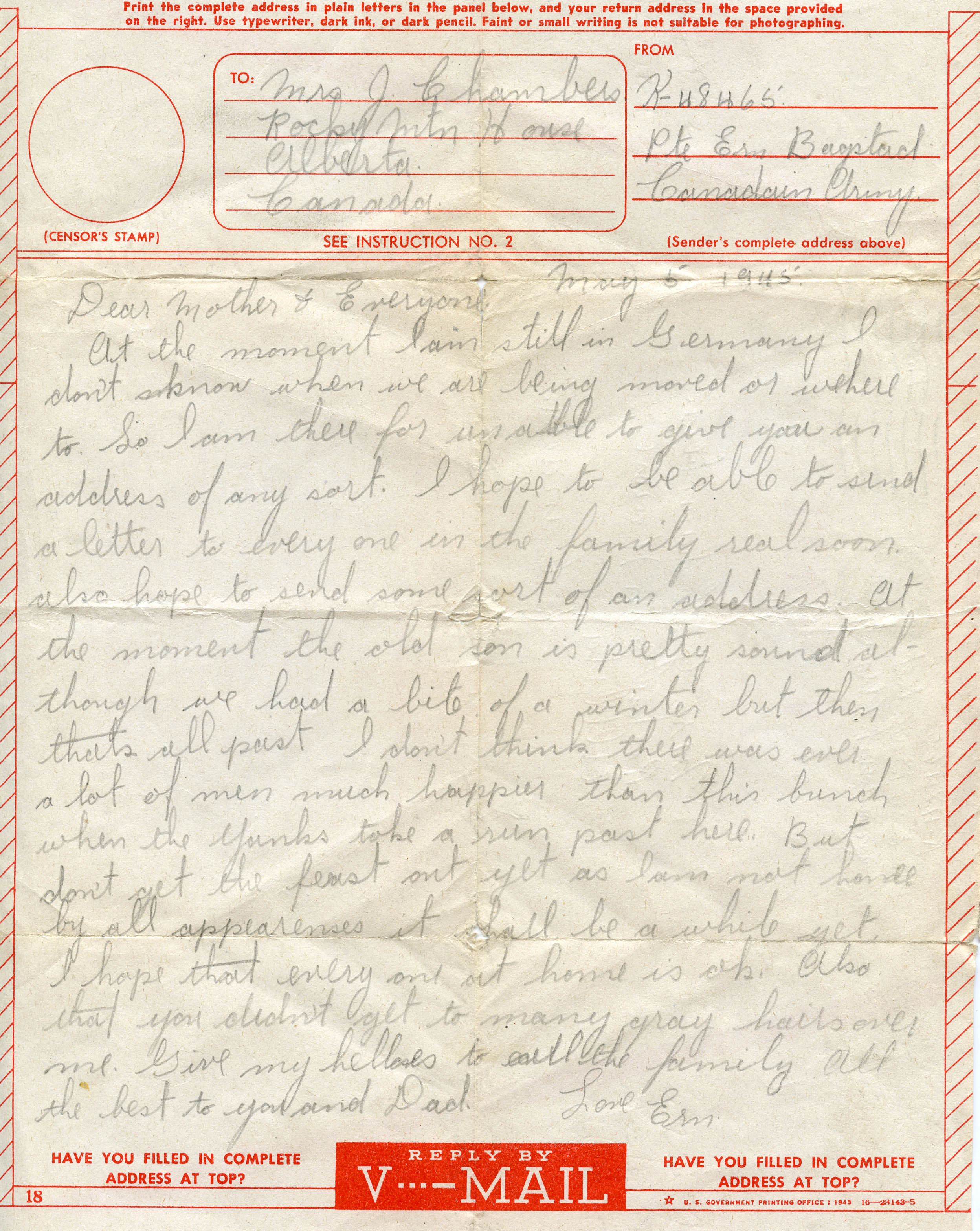 Victory mail (V-mail) letter written by Ernie to his mother on 5 May 1945 after his liberation.