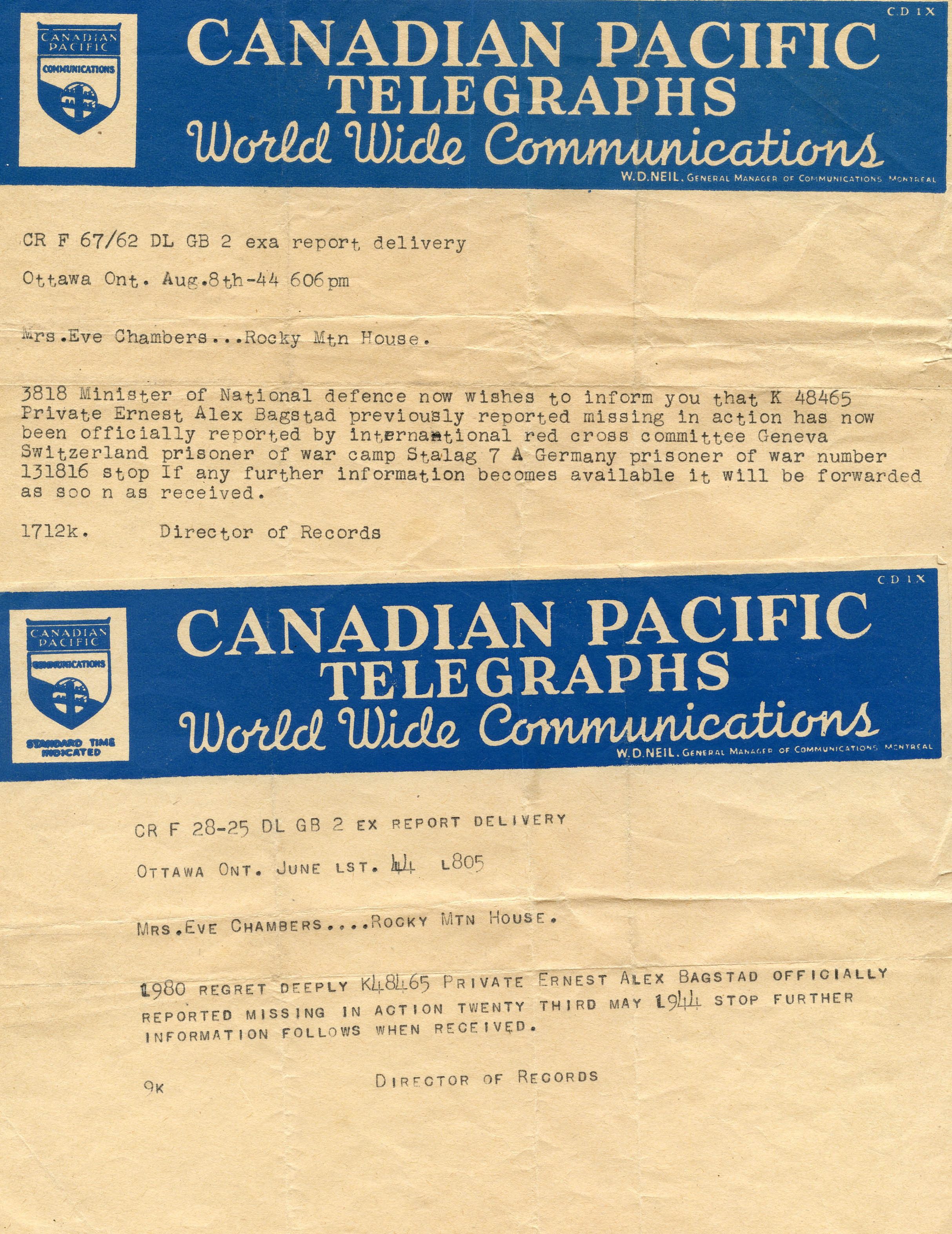 Two telegraphs written to Ernie's mother, Mrs. Eve Chambers indicating that Ernie was first reported missing and then captured as a Prisoner of War in Germany, June 1st, 1944 and August 8th, 1944.