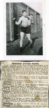 Article de journal de Bud McLean s'entraînant pour la boxe en Angleterre, au début de 1942. Il a gagné un championnat de poids léger de la 5ème division blindée.