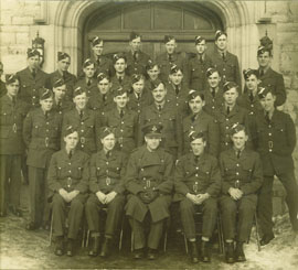 Mr. Cowhey and fellow RCAF trainees in their initial training after enlisting. After completing this course, during which time they were billeted at Queen's University, the trainees were sent to Calgary, Alberta, for flying school, 1943.