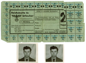 Top: RCAF crews while completing a tour of ops often dropped leaflets, like these food ration coupons, over German territory. Bottom: Escape photos Mr. Cowhey carried with him in case his plane went down and he could connect with the underground.