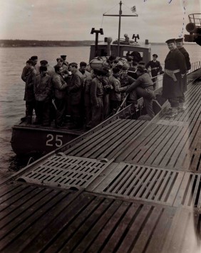 German Submarine anchored at Shelbourne, Nova Scotia, in 1944.