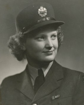 Patricia Collins (née Holden) in the original Royal Canadian Air Force, Women's Division uniform before caps were changed. Photo taken at RCAF Rockcliffe, Ottawa, Ontario, 1942.