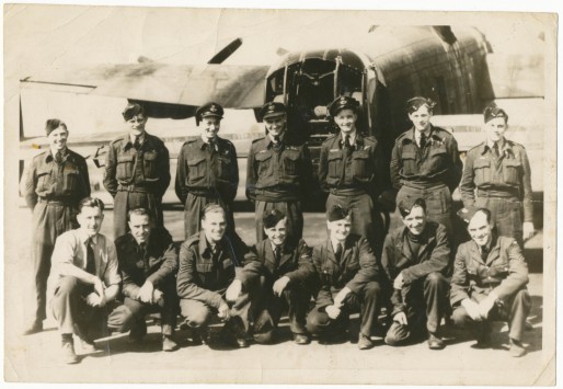 Some members of the Royal Air Force 576 Squadron in England, 1945. Front row: members of the ground crew. Flight crew in rear, from left to right: Flight Sergeant Ken Tamkin (Flight Engineer); Flight Sergeant William Millard (Tail Gunner); Pilot Officer R