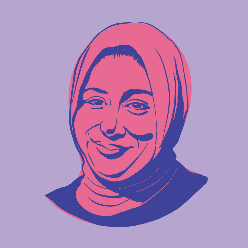 Ausma Malik Ausma Malik is illustrated in pink and blue with a purple background.
