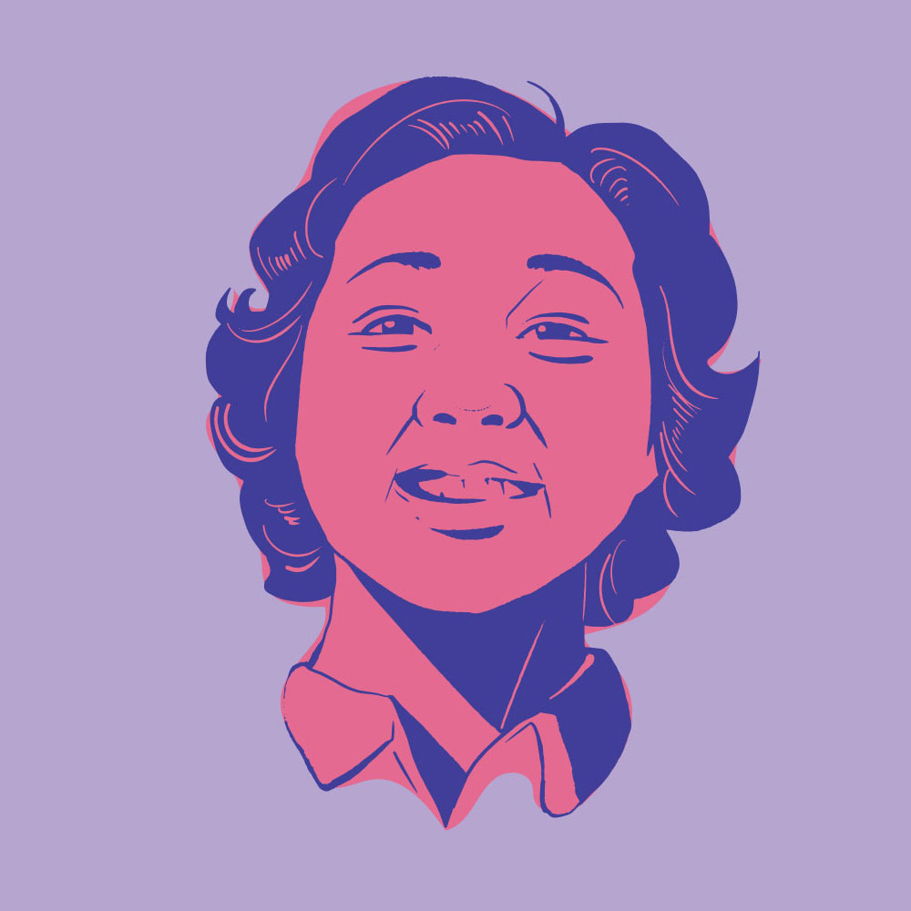 Jean Lumb's Portrait As Part of The 52 Exhibit Illustration of Jean Lumb in pink with a purple background.