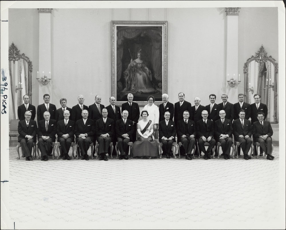 Queen Elizabeth II with Prime Minister Lester B. Pearson and his Cabinet Ministers