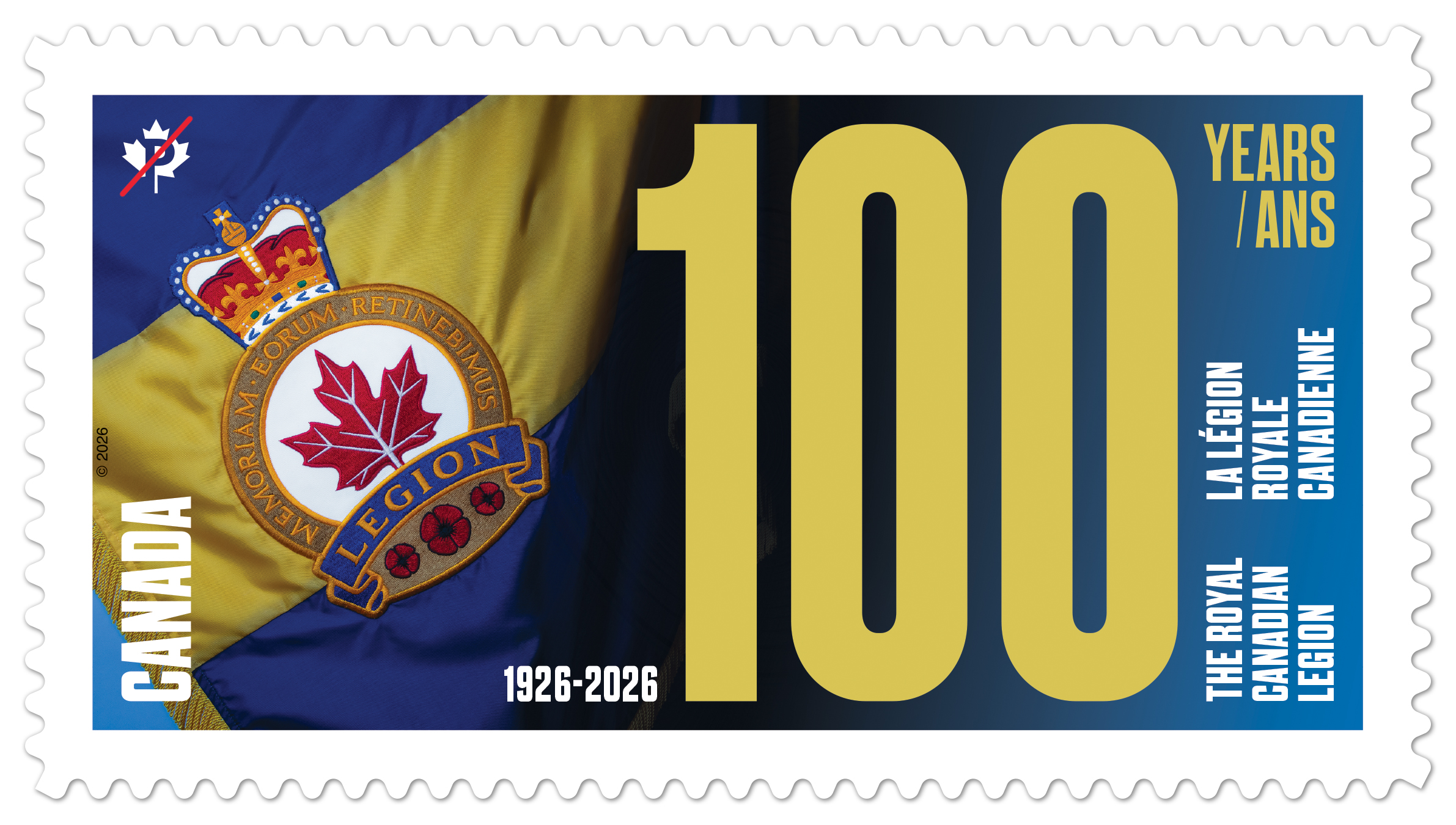Colour stamp showing badge of the Royal Canadian Legion and the number 100.