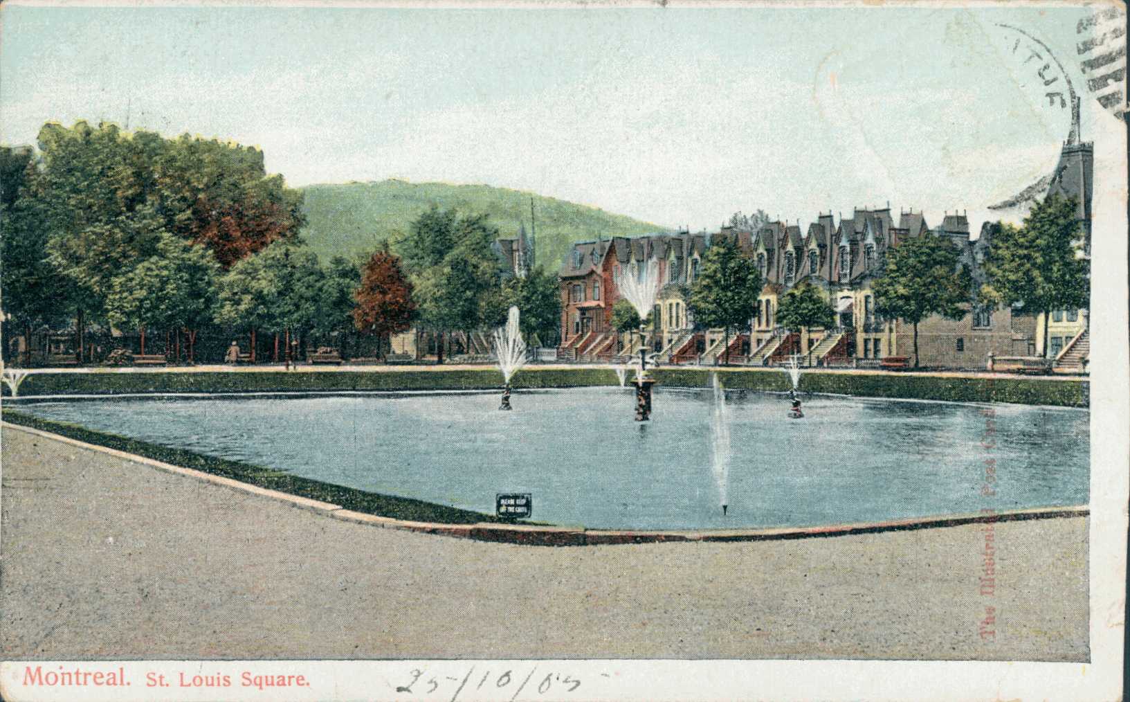 A Postcard of St. Louis Square, Circa 1900 A postcard drawing of a park with a large pond. There are houses and the Mount-Royal in the background.