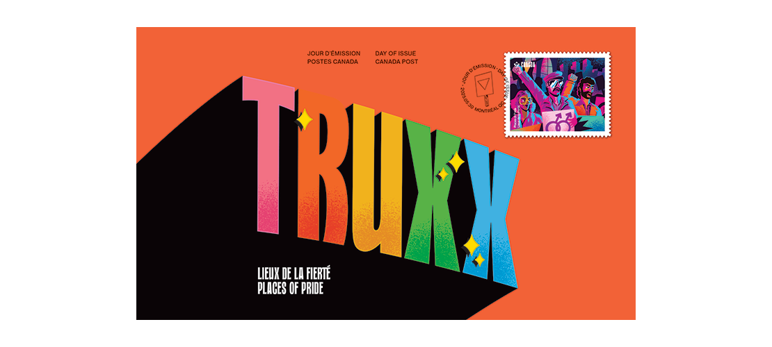 une illustration aux couleurs de la Pride représentant le mot « Truxx » sur un fond orange, avec un timbre en haut à droite.