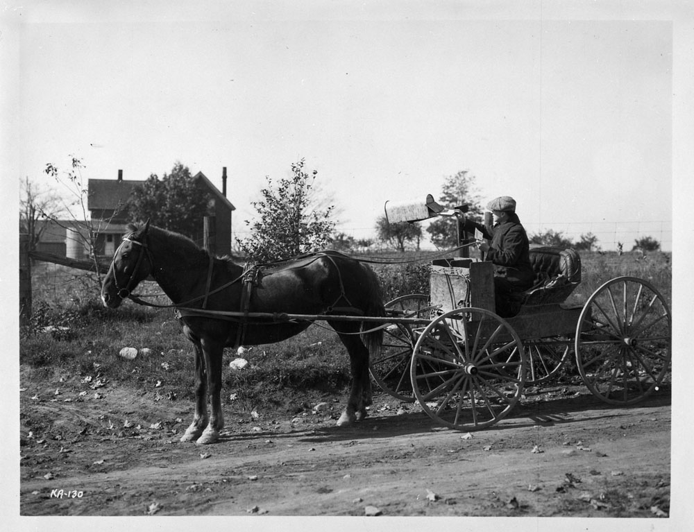 Rural Mail Delivery Man delivering mail by horse and carriage, c. 1910.