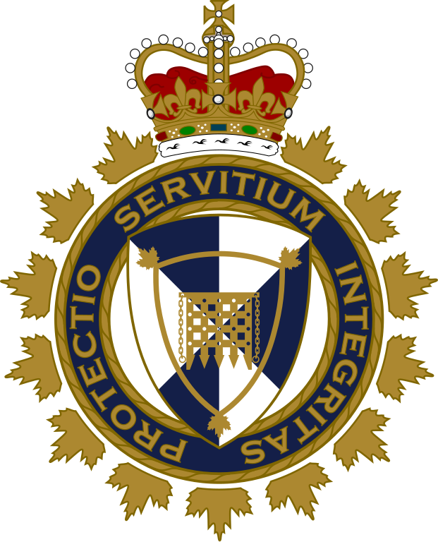 Badge of the Canada Border Services Agency A circle with the motto Protectio Servitium Integritas. The circle is surrounded by maple leaves and a crown on top. Inside the circle is a shield with a design featuring a medieval gate.