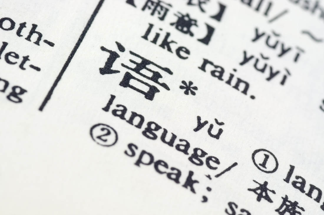 A white dictionnary page printed with the Chinese character for language