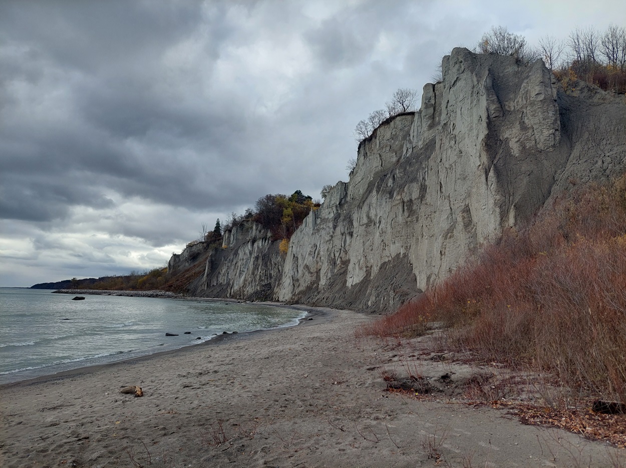 Scarborough Bluffs Sandy cliffs against a grey sky.