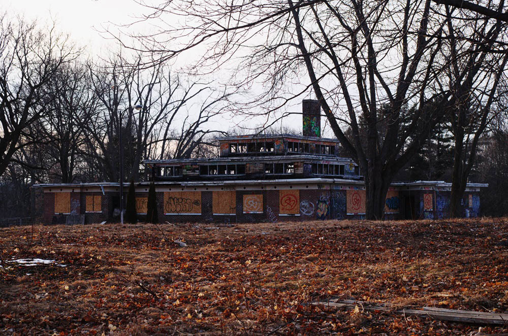 Derelict building with graffiti.