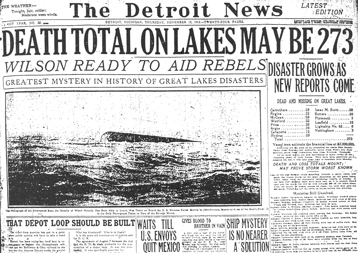 News article highlighting the death toll and ships sunk from the Great Lakes Storm of 1913.