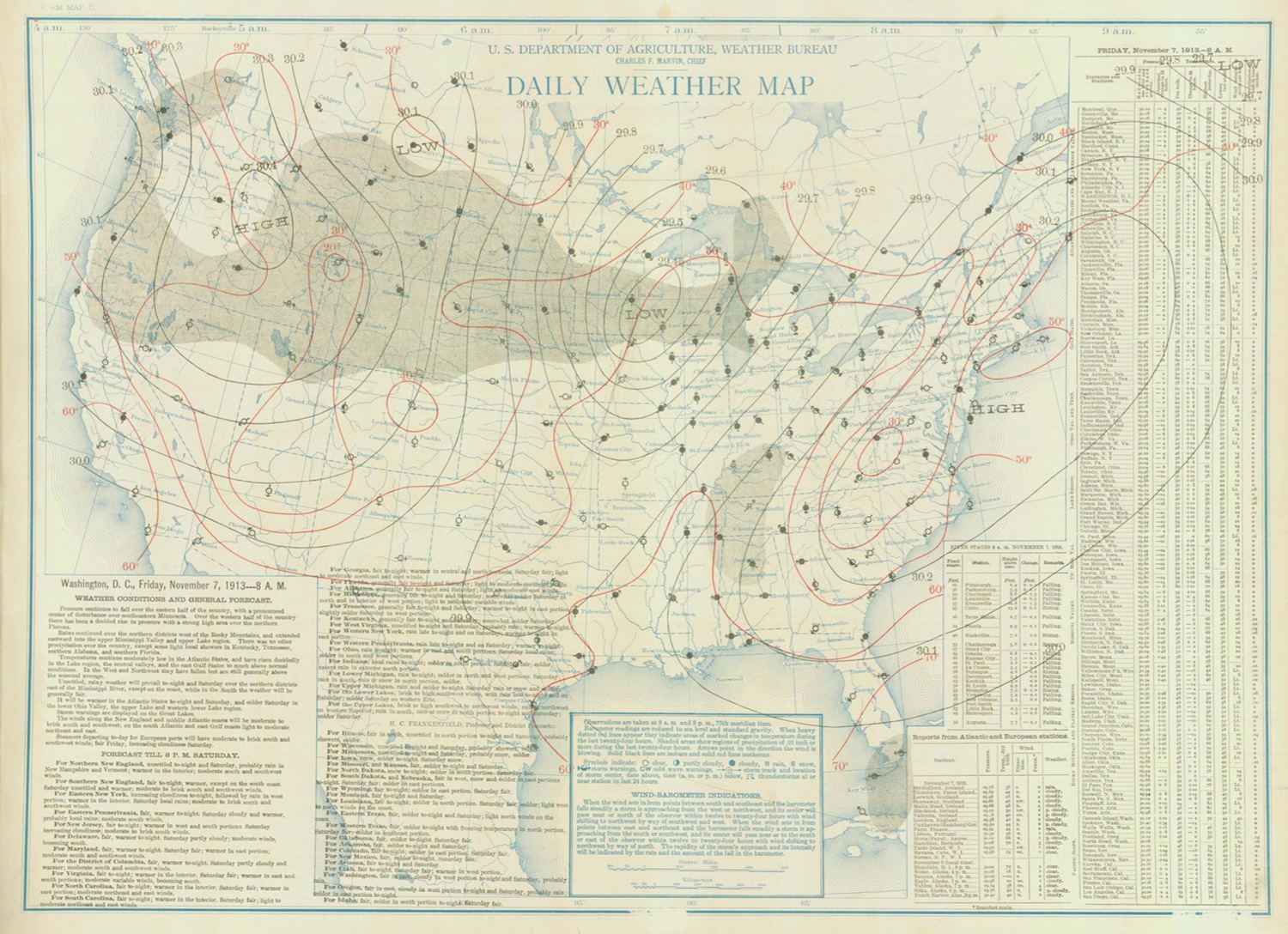 Weather map of the United States showing atmospheric currents.
