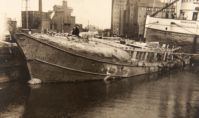 Severely damaged ship.