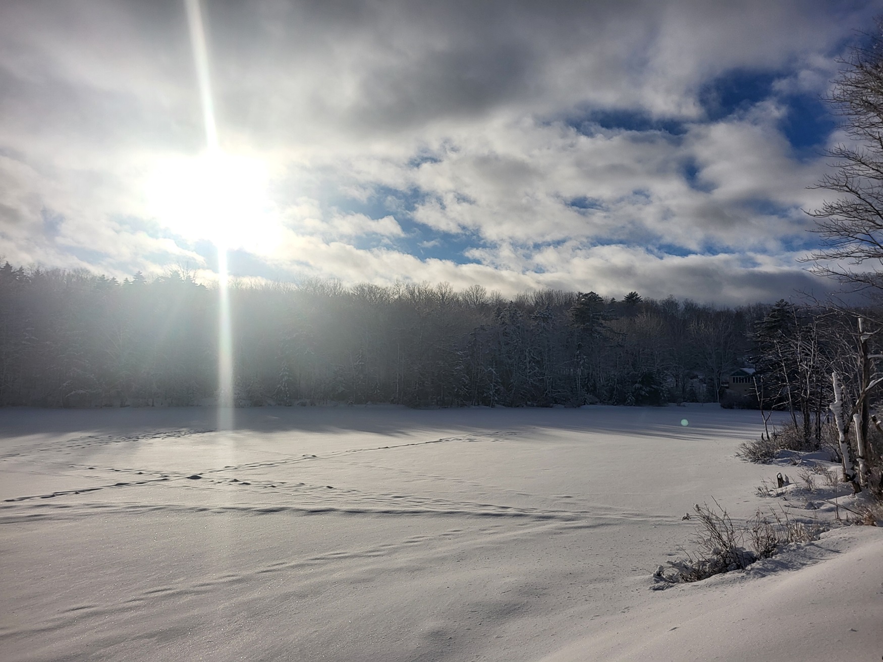Ice and snow covered lake.