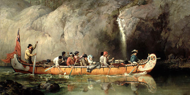 Canoe Manned by Voyageurs Passing a Waterfall