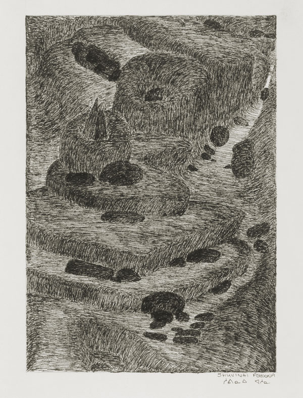 Shuvinai Ashoona, Low Tide, 1994, black felt pen on ivory wove paper, 33 x 51.5 cm. Shuvinai Ashoona, Low Tide, 1994, black felt
pen on ivory wove paper, 33 x 51.5 cm.