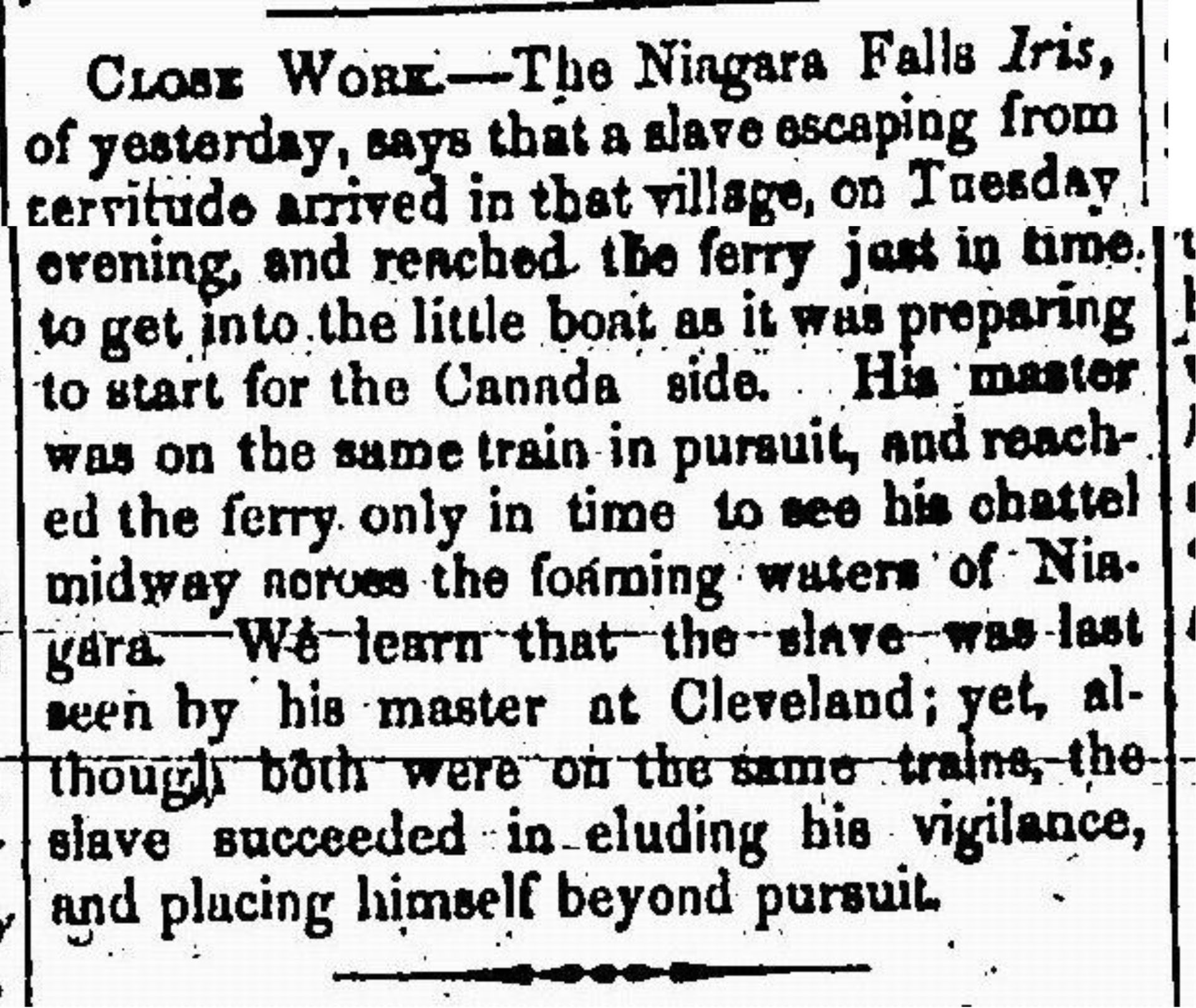 Clipping from The Provincial Freeman Newspaper, ca. 1850's