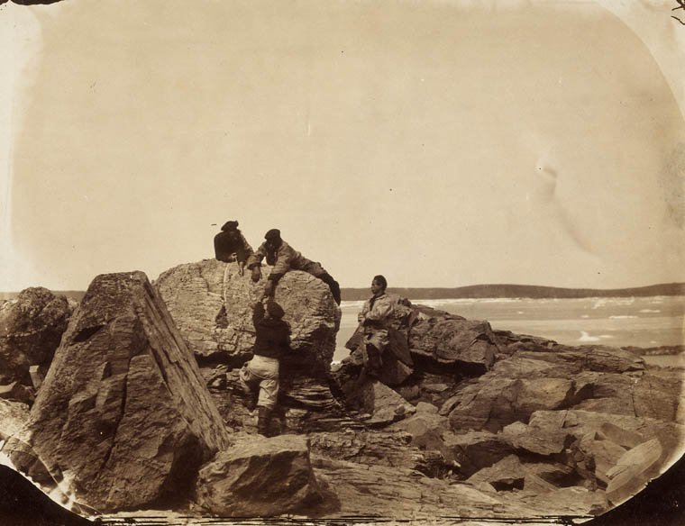  French fishermen climbing rocks, ca. 1857, Newfoundland