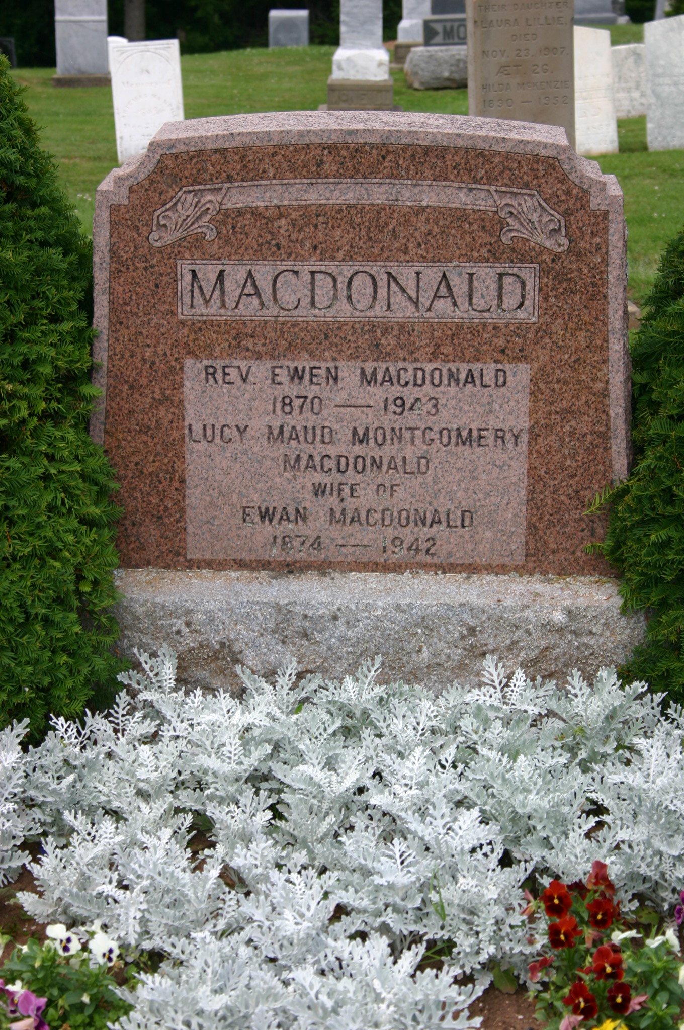 Lucy Maud Montgomery is buried in Cavendish Cemetery with her husband, the Rev. Ewen Macdonald.