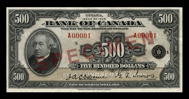 Côté recto du billet de 500 $ (1935\u201337)