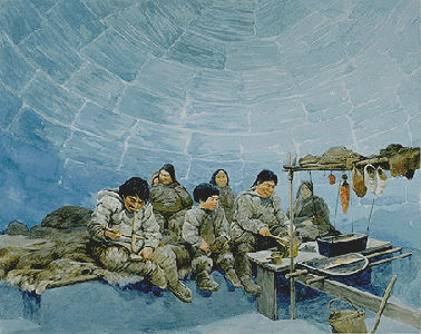 Inuit family inside an igloo