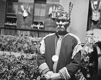 A Mi'kmaw chief waits to be presented to their Majesties during the 1939 Royal Tour of Canada at Halifax, Nova Scotia.