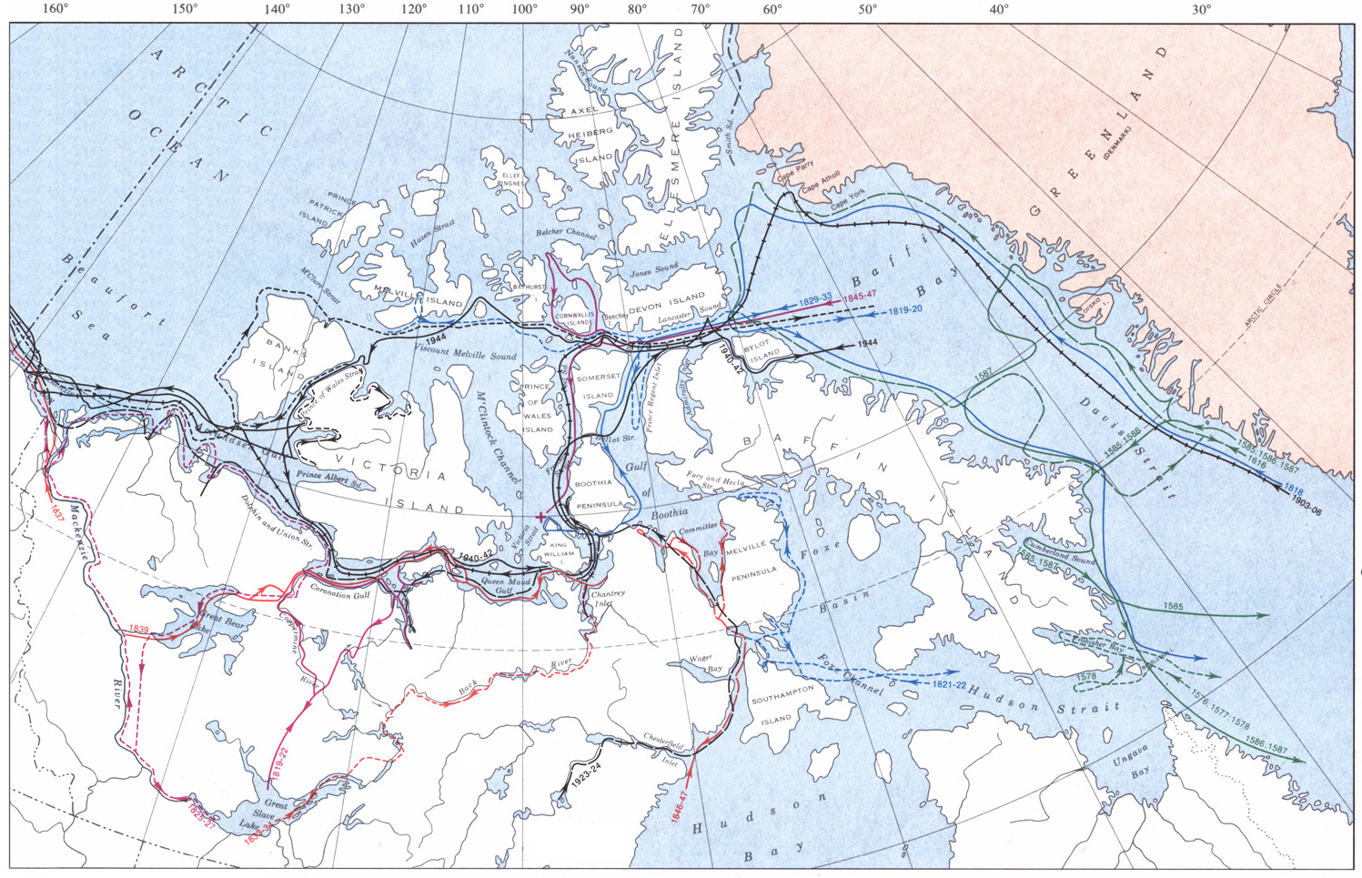 Expéditions importantes dans la région du passage du Nord-Ouest entre 1576 et 1944.