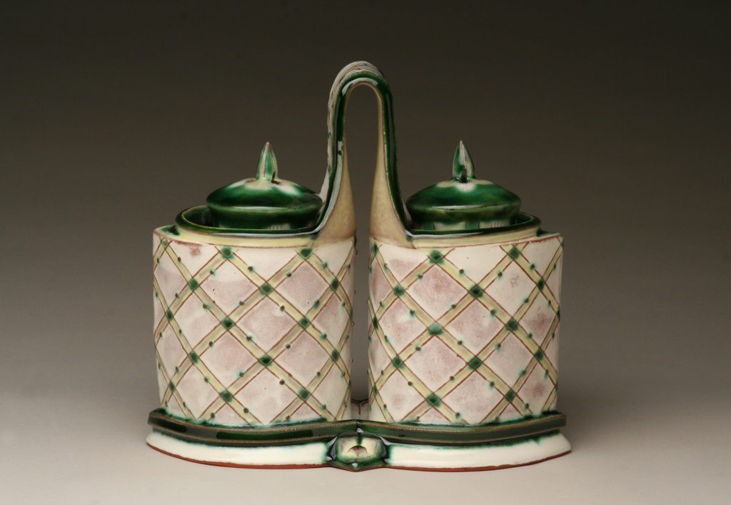 Salt and Pepper Set, Hand-built Earthenware with slip and glazes