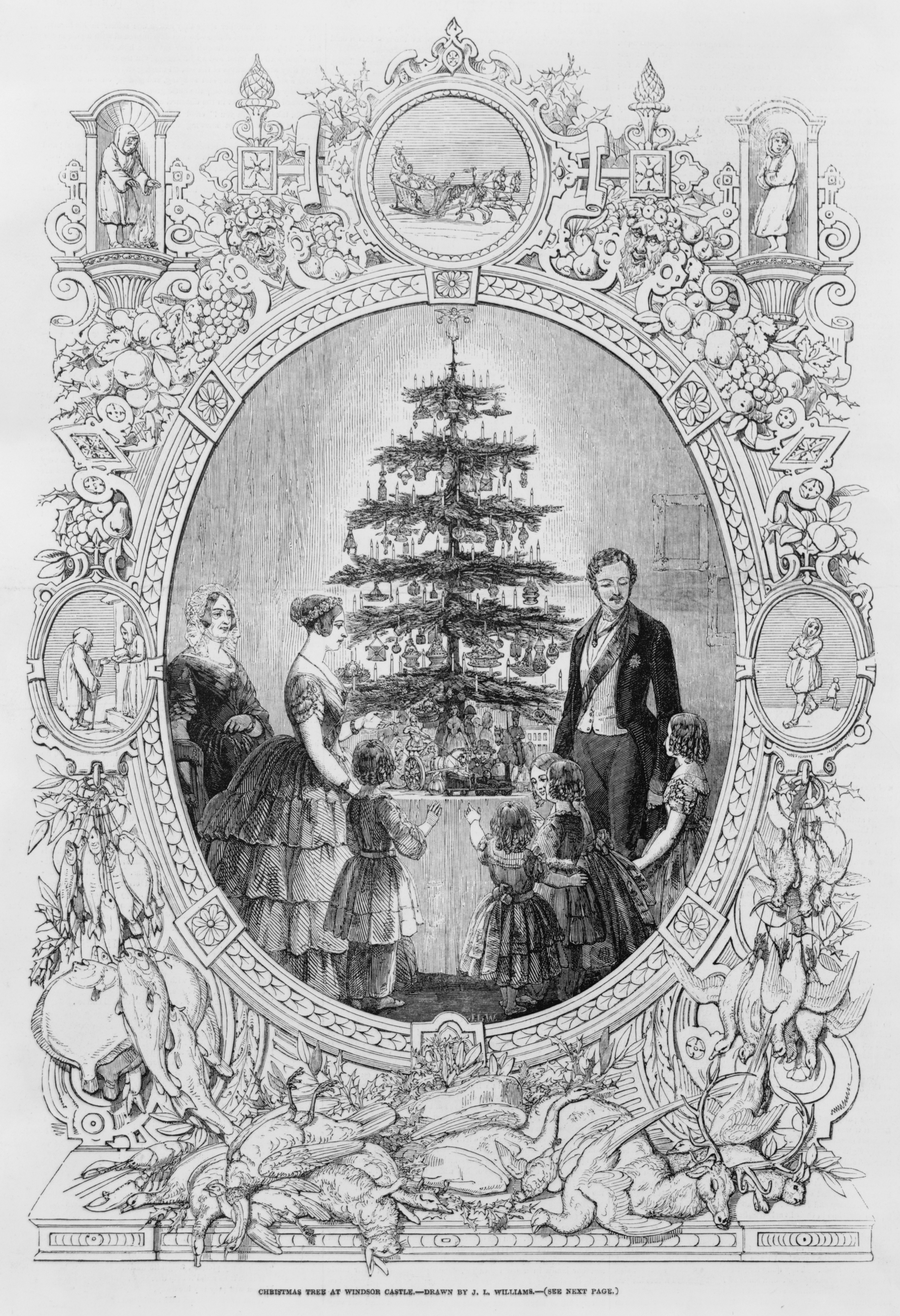 The Christmas Tree at Windsor Castle Queen Victoria and Prince Albert around a Christmas tree with children, illustration.